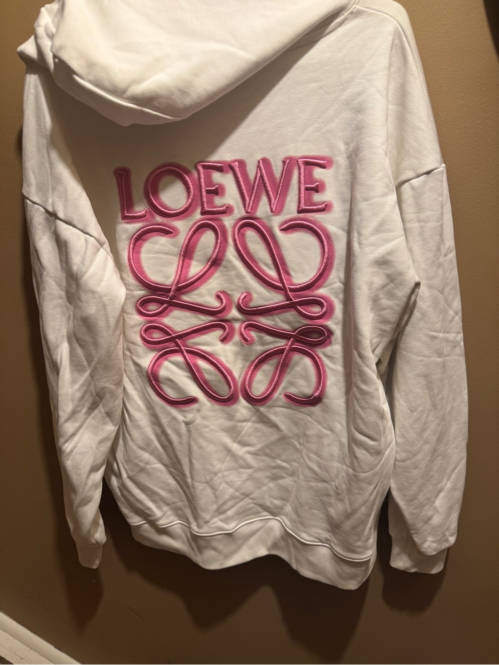Loewe White Hoodie with Pink Script Logo Embroidery